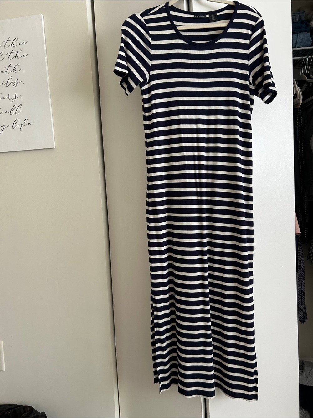 Tahari Navy and White Striped Short-Sleeve Maxi Dress